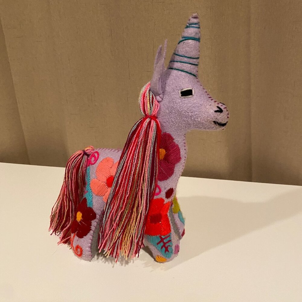 Mexican Felted Folk Art Embroidered Unicorn Plush‎ 11x7 Boho Decor Toy